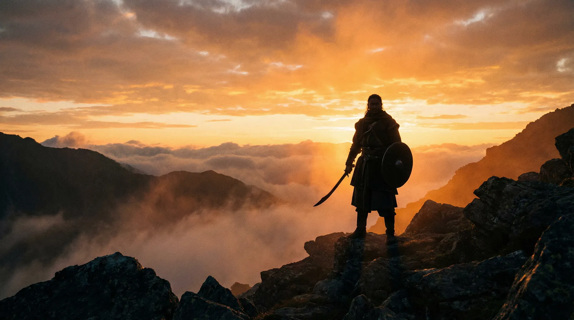 Ancient Himalayan warrior at sunrise