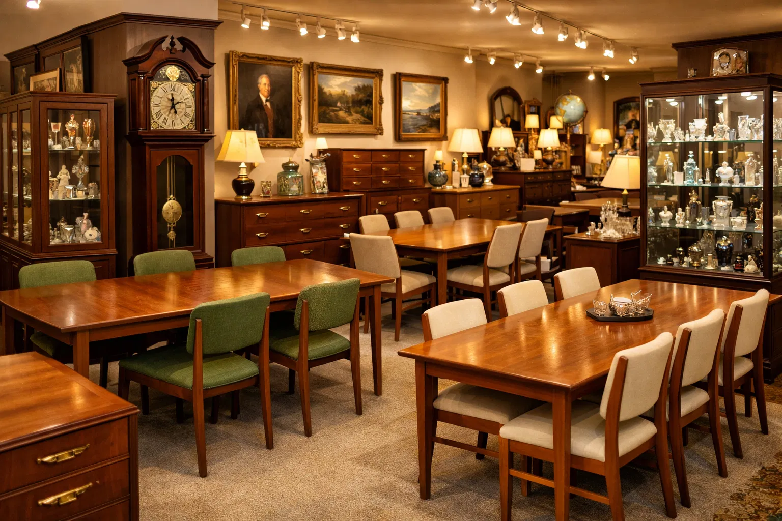 Estate sale showroom with quality furniture and antiques