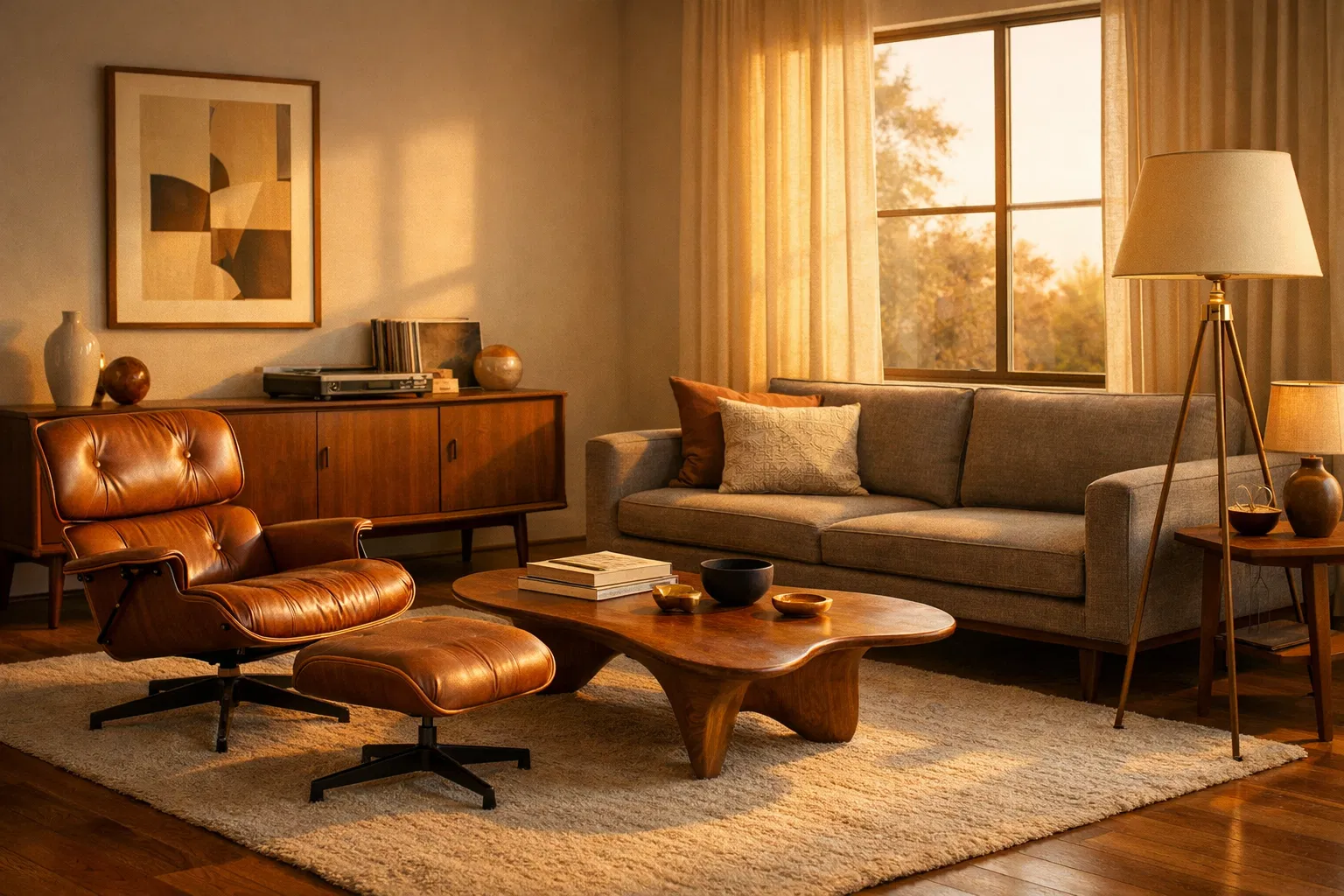 Mid-century modern furniture: iconic lounge chair, credenza, sofa, and wooden coffee table