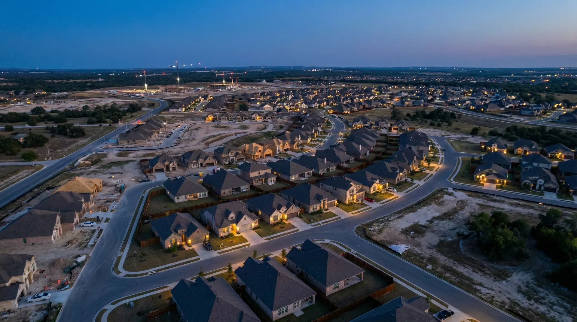 Texas suburban development at twilight