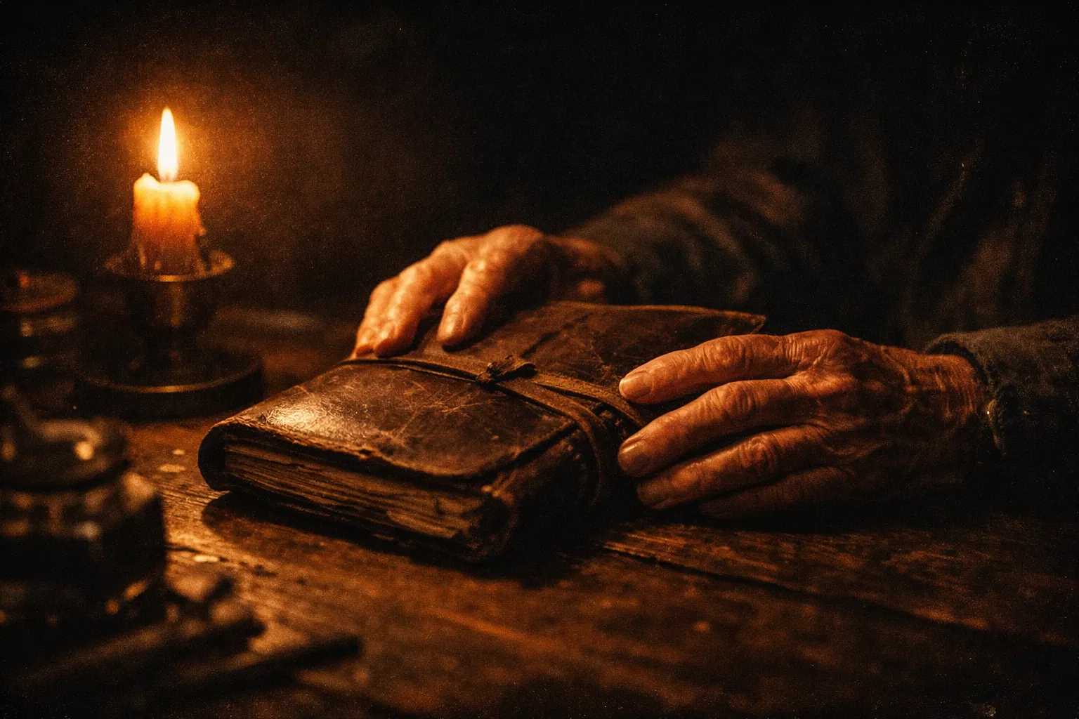 Elderly hands on a leather journal by candlelight