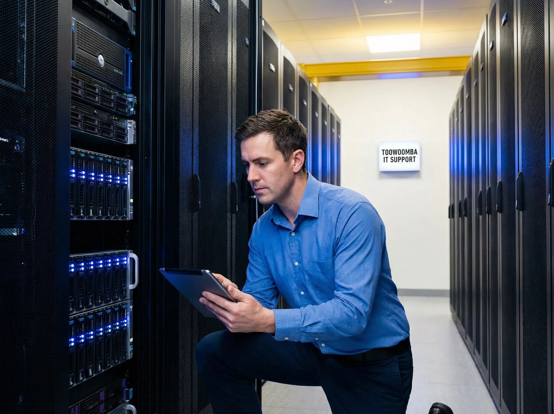 Downs ICT technician working in server room