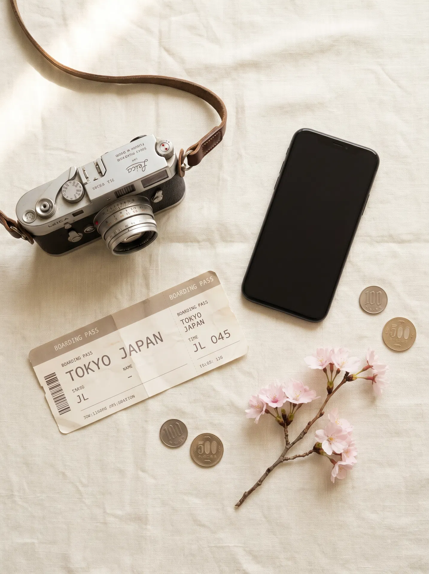 エアチケット・カメラ・桜のフラットレイ