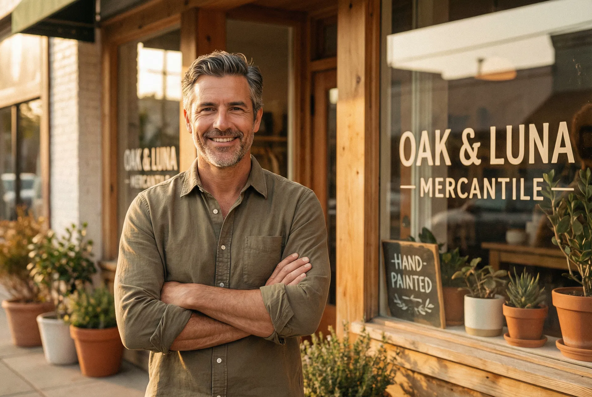 Confident local business owner in front of their shop
