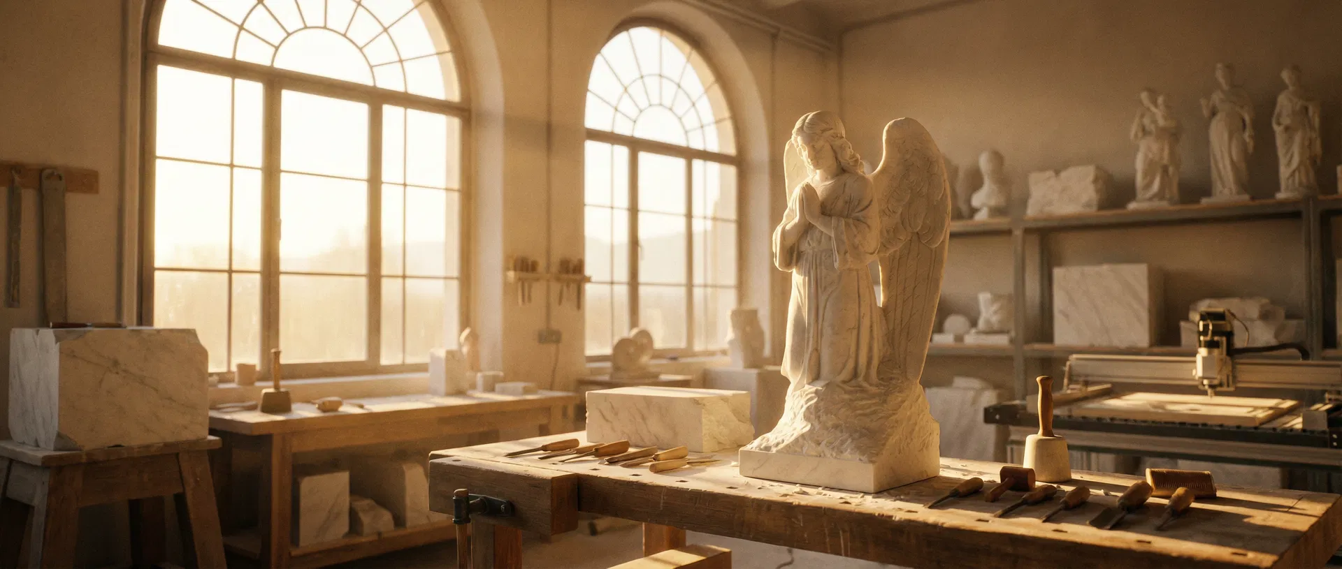 Marble angel workshop at golden hour