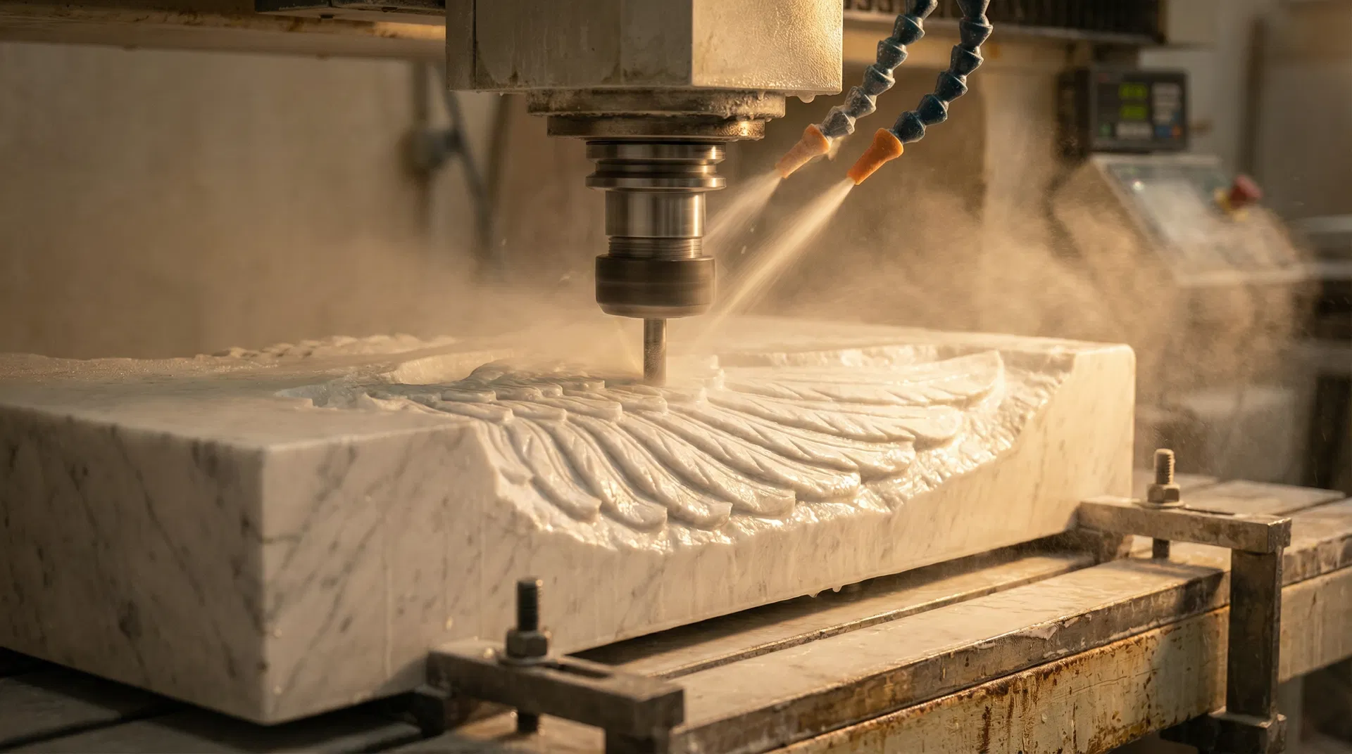 CNC machine carving marble angel wing