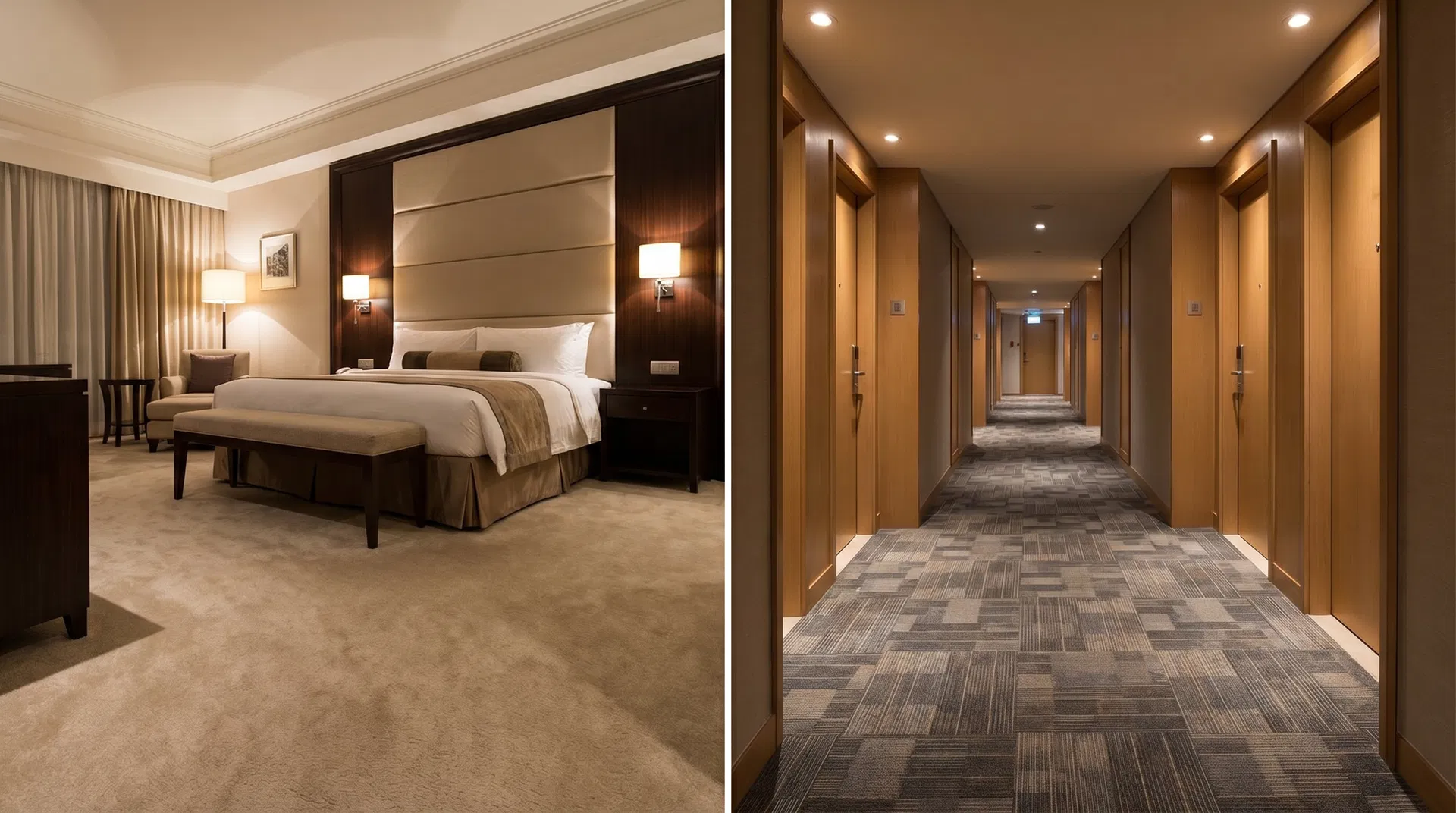 滿鋪地毯與方塊地毯並排比較的示意圖