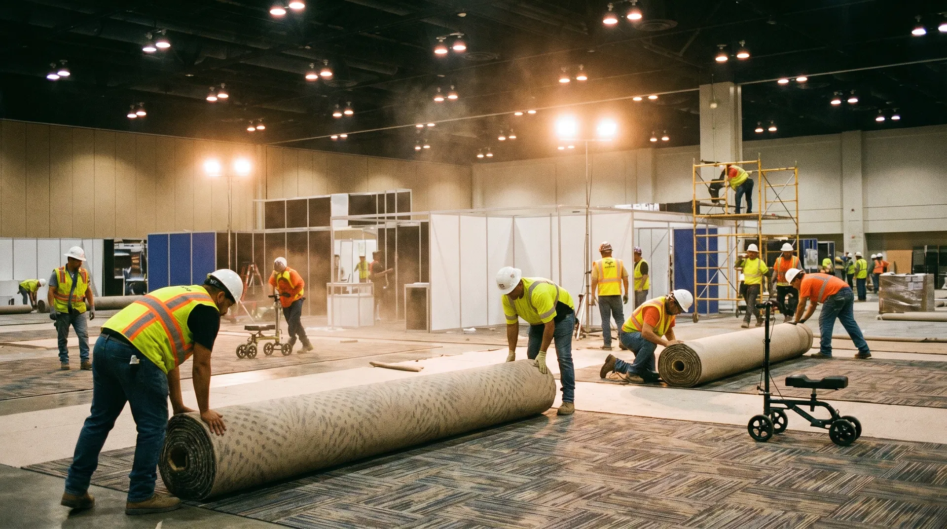 展場地毯施工團隊鋪設地毯的現場照片