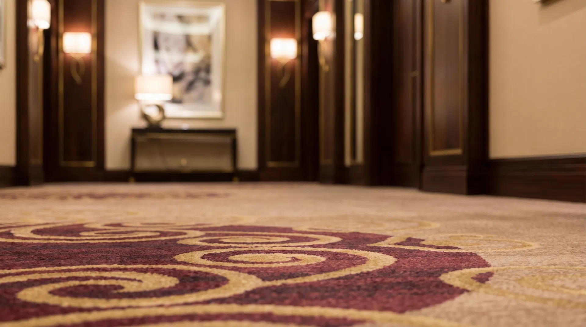 飯店走廊鋪設高級花紋地毯的室內照片