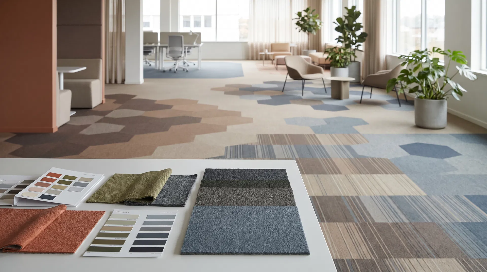 辦公室不同區域搭配不同顏色地毯的設計示意圖