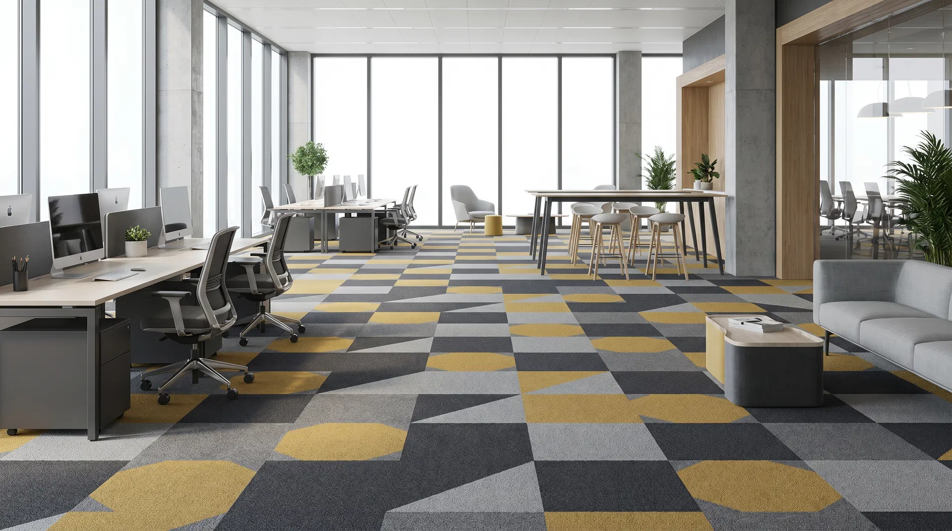 辦公室鋪設方塊地毯的施工現場照片