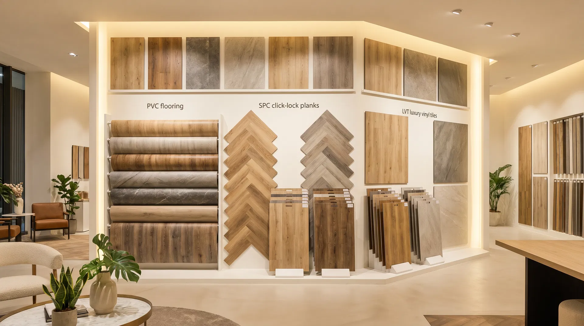 塑膠地板展示間，陳列各種 PVC、SPC、LVT 地板樣品