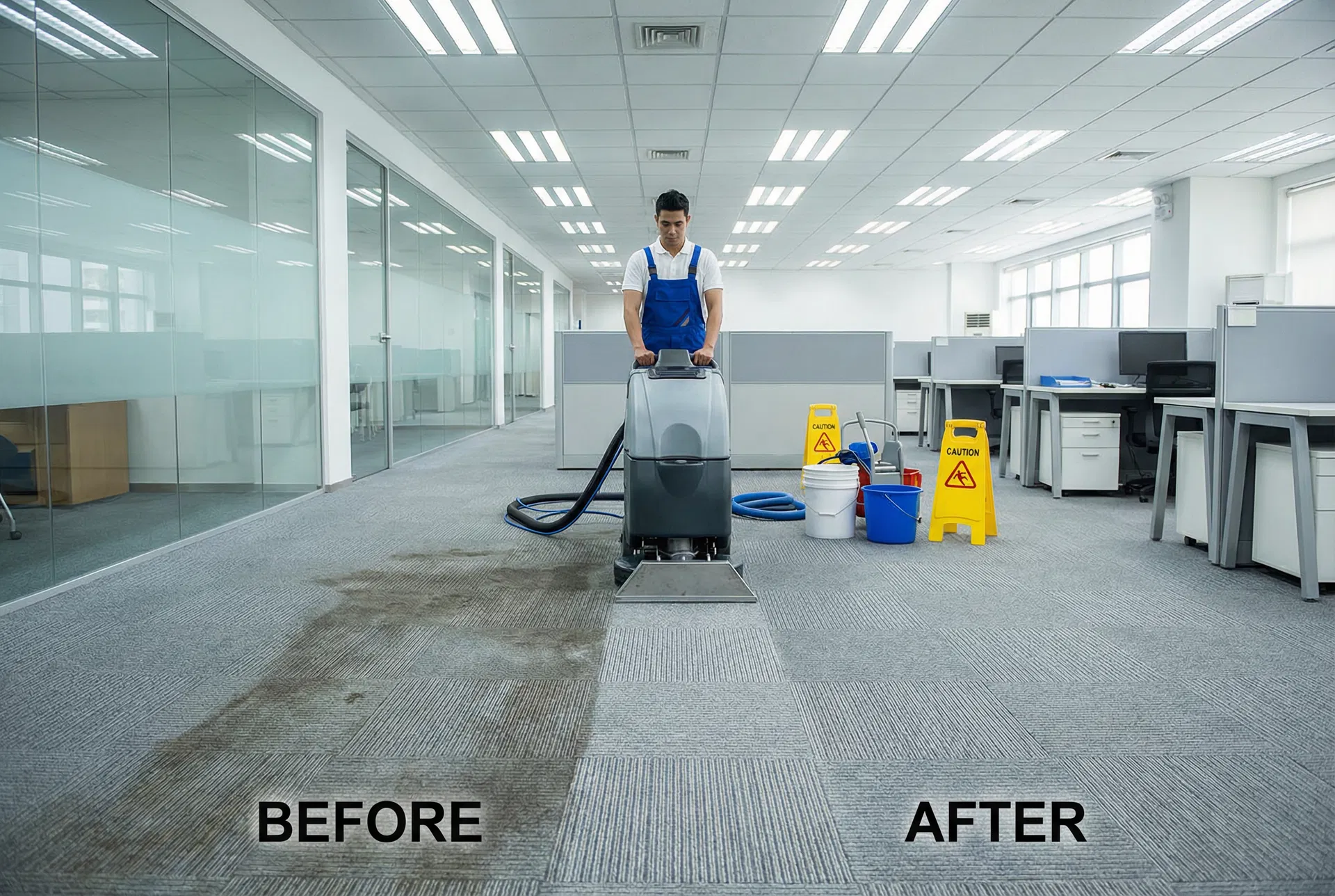 商用地毯清潔保養現場,工人使用專業清潔機器清洗辦公室方塊地毯