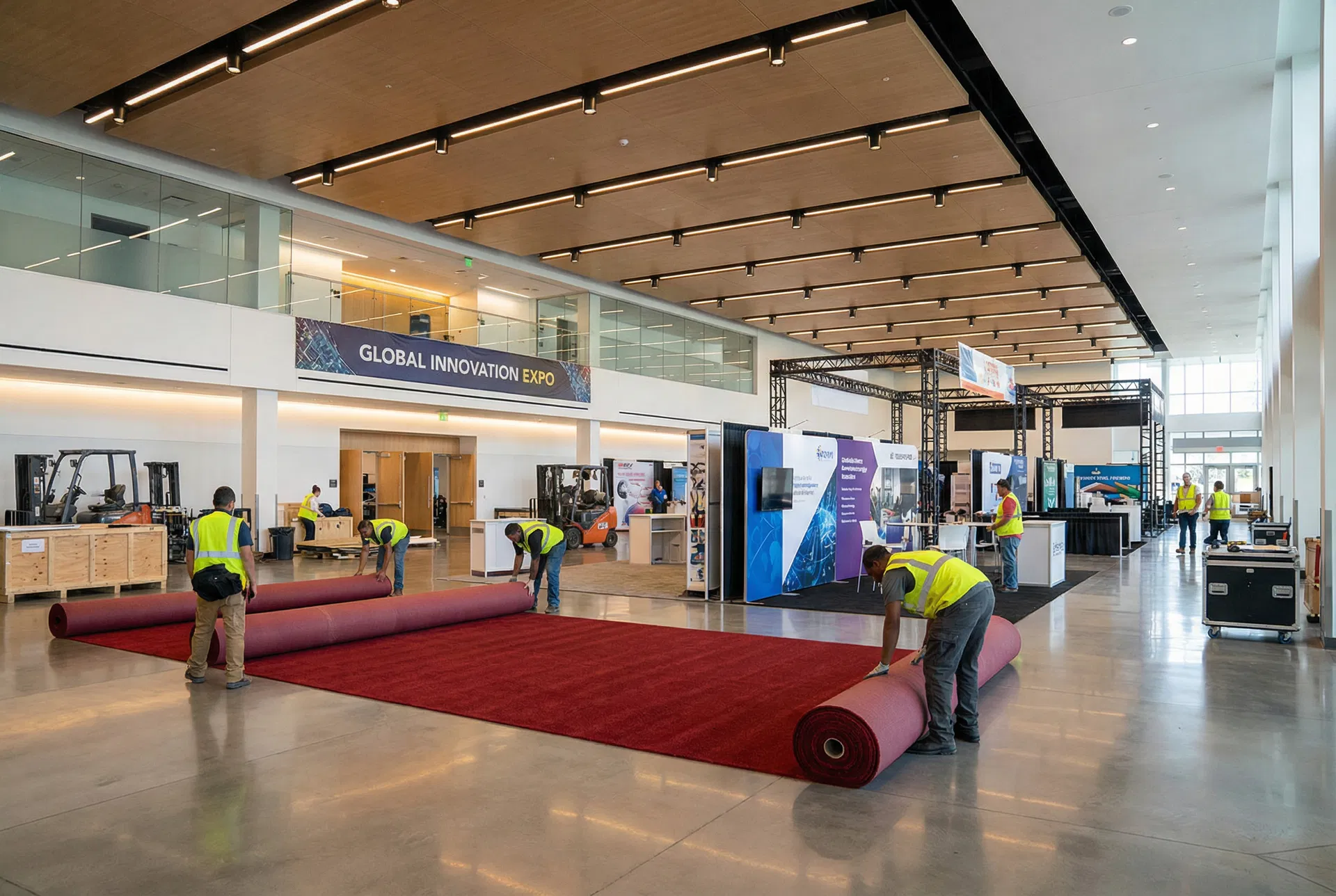 展場地毯鋪設施工現場，工人在展覽會場鋪設紅色展覽地毯