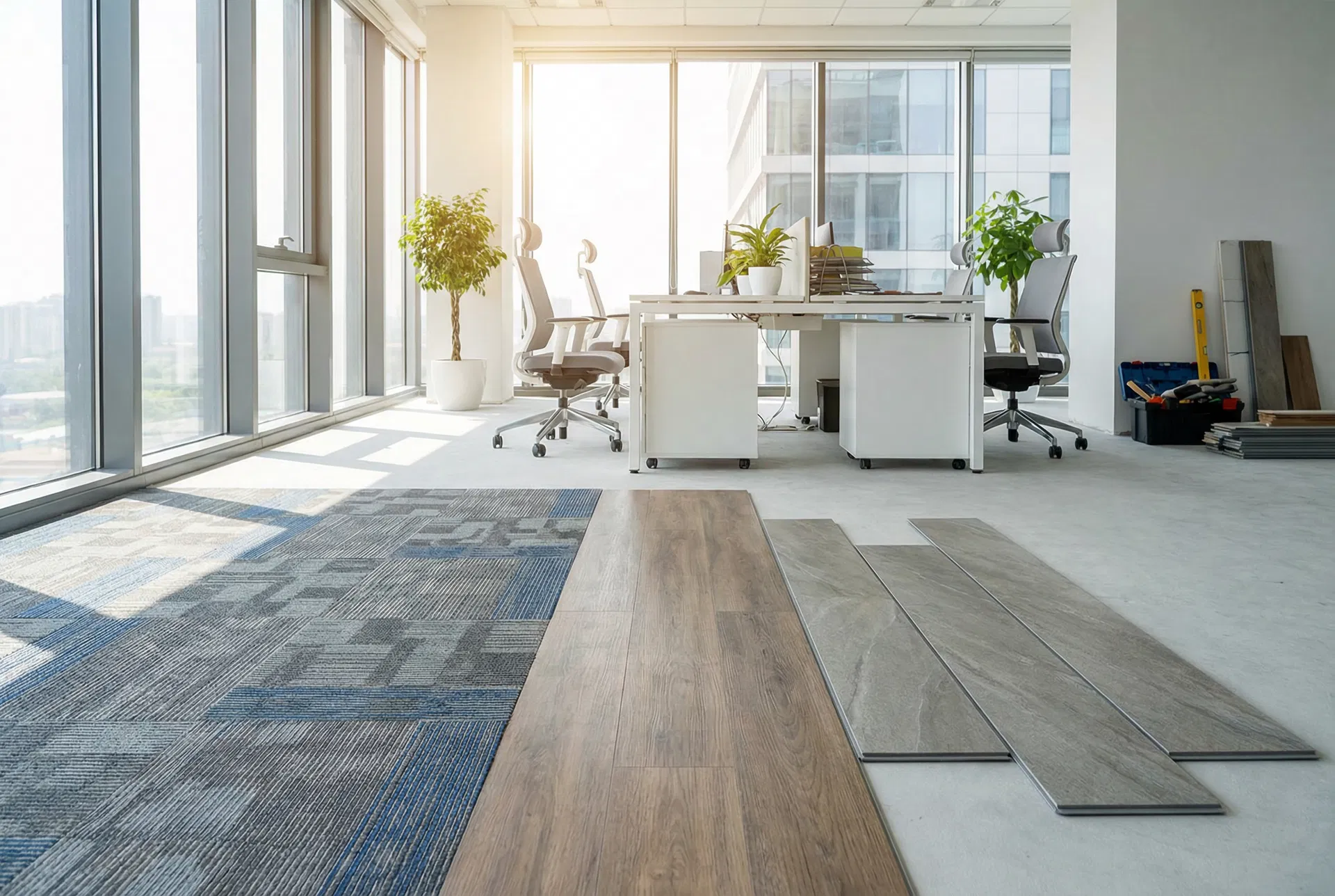 辦公室地板翻新比較：方塊地毯、PVC塑膠地板、SPC石塑地板三種材質並排展示