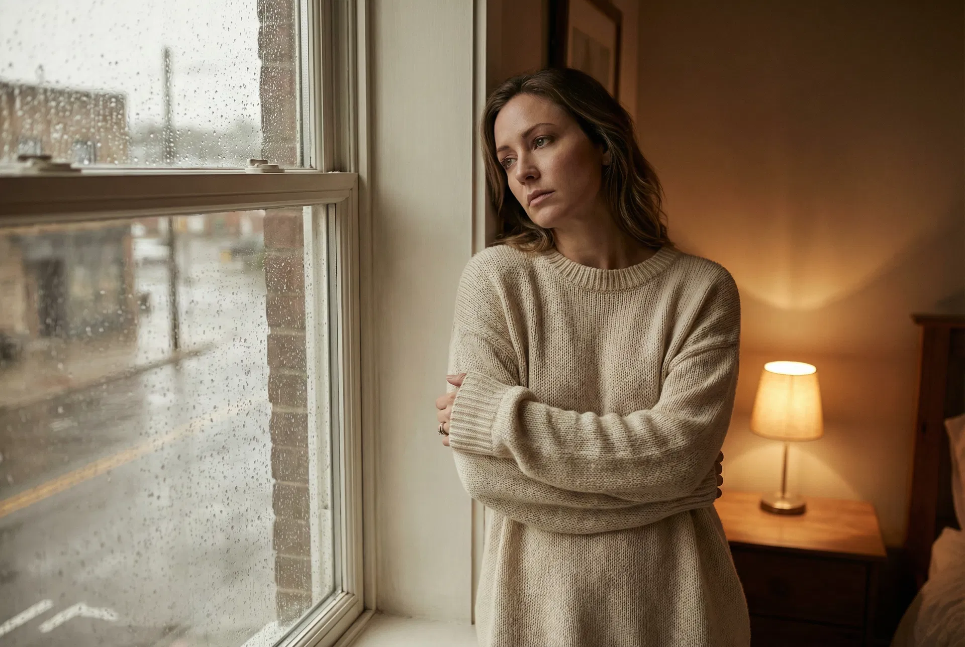 Nachdenkliche Frau am Fenster im Regen