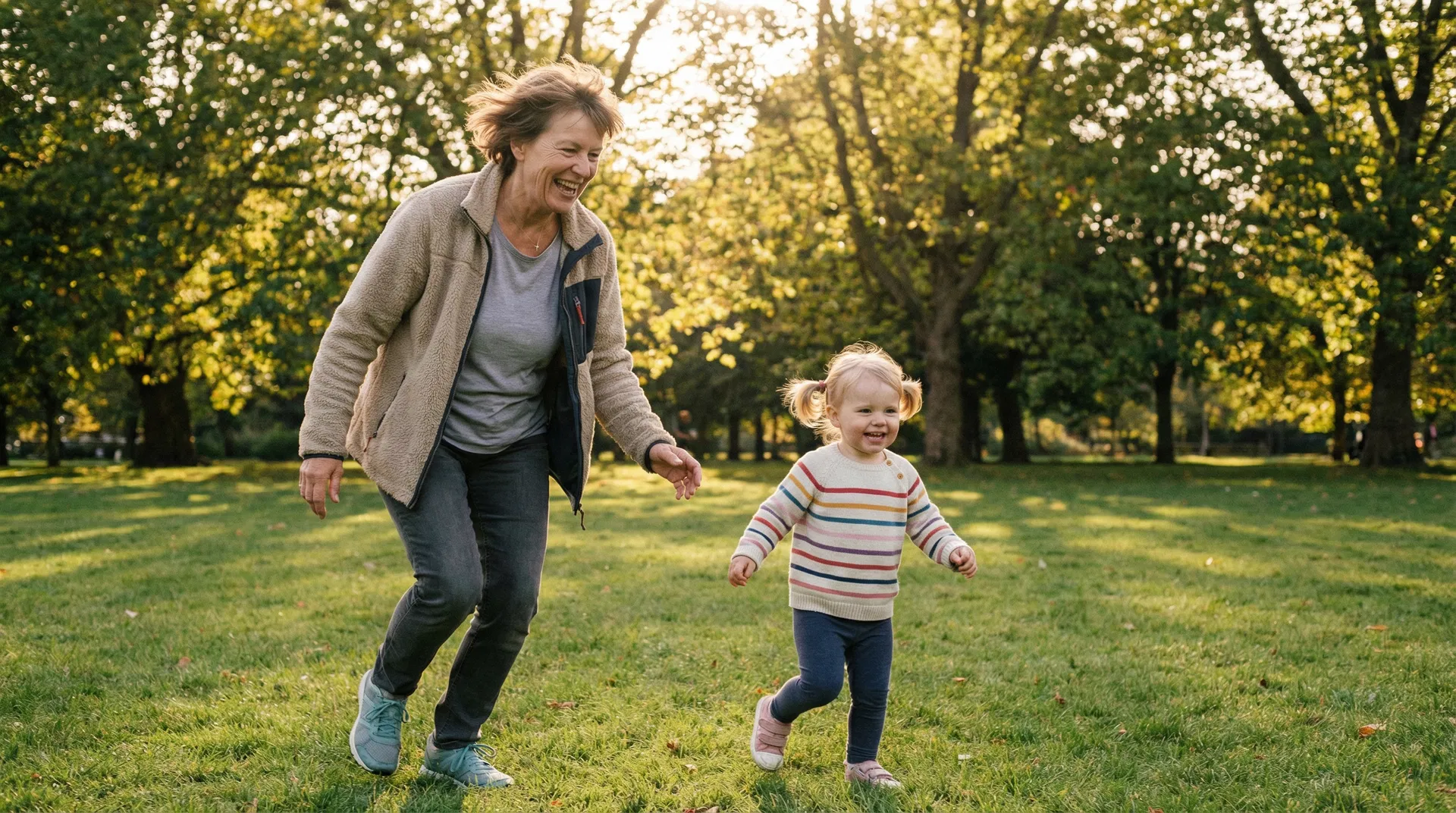 BILD: Frau ~58 mit Enkelin im Park, beide lachen