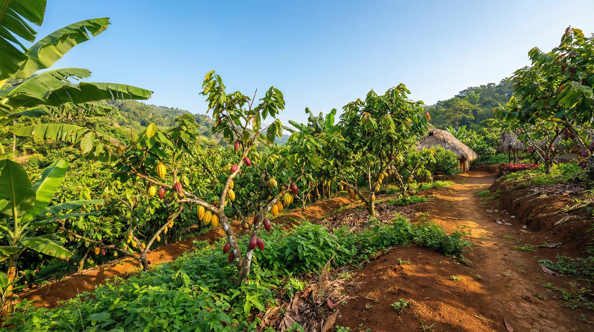 Cocoa farm with cocoa pods