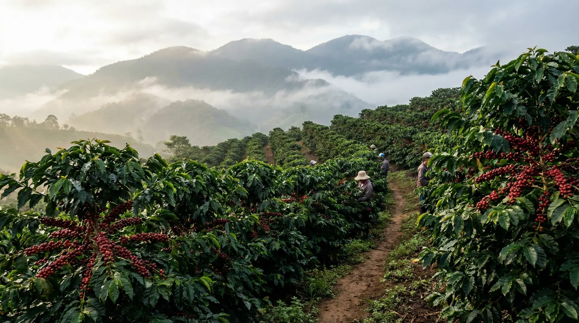 Coffee farm with red coffee cherries