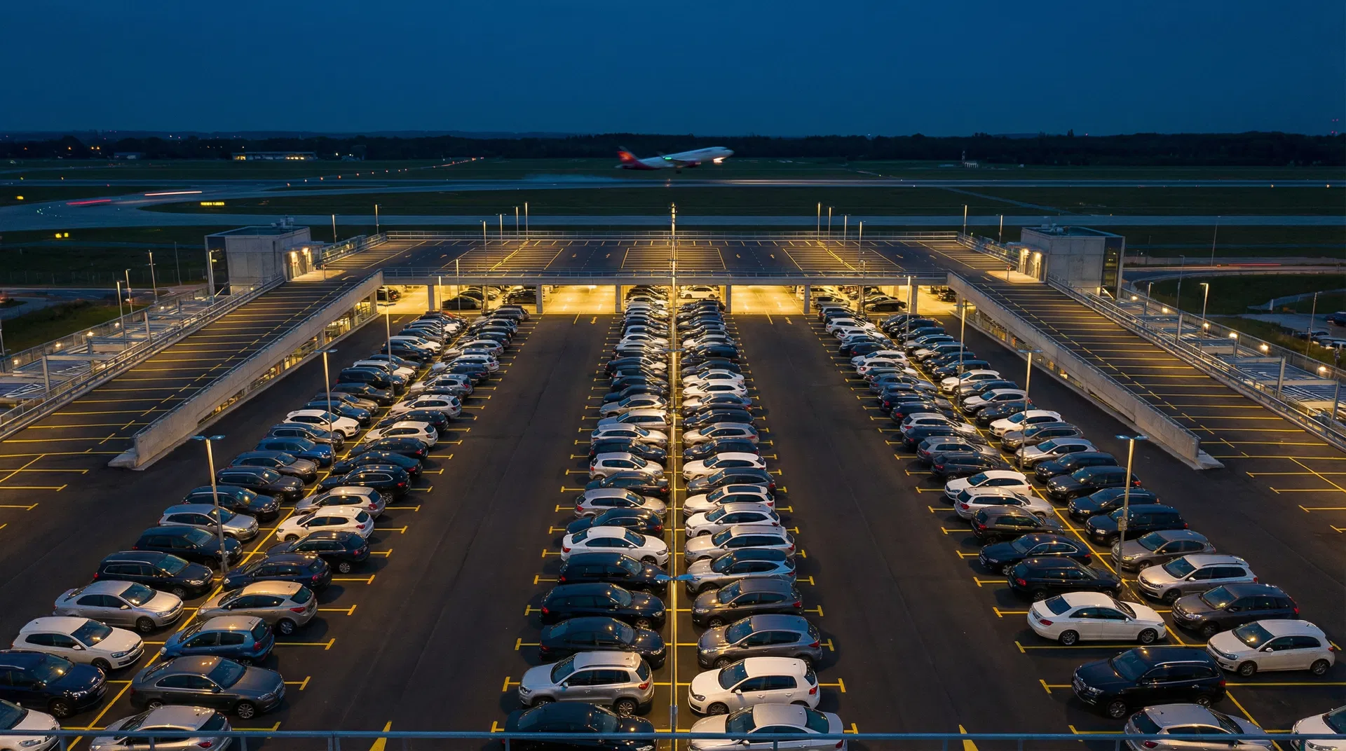 Luchtfoto van een verlichte parkeergarage bij een vliegveld