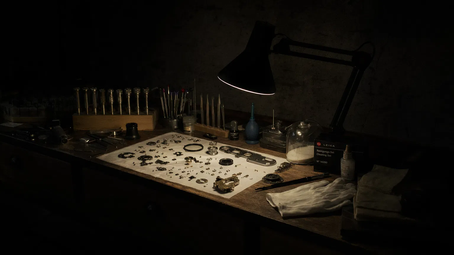 Darkroom workbench with disassembled Leica M3 shutter mechanism