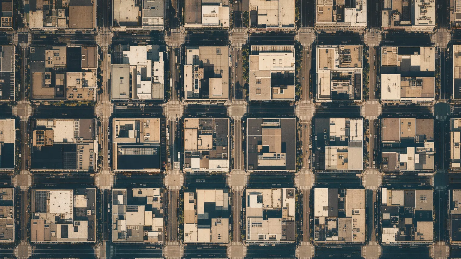 Aerial view of an American urban grid, showing city blocks and street patterns