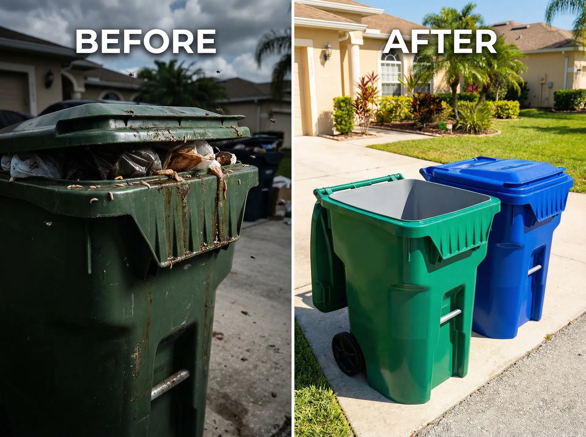 Antes y después de la limpieza profesional de tanques de basura Elite Bins Cleaning