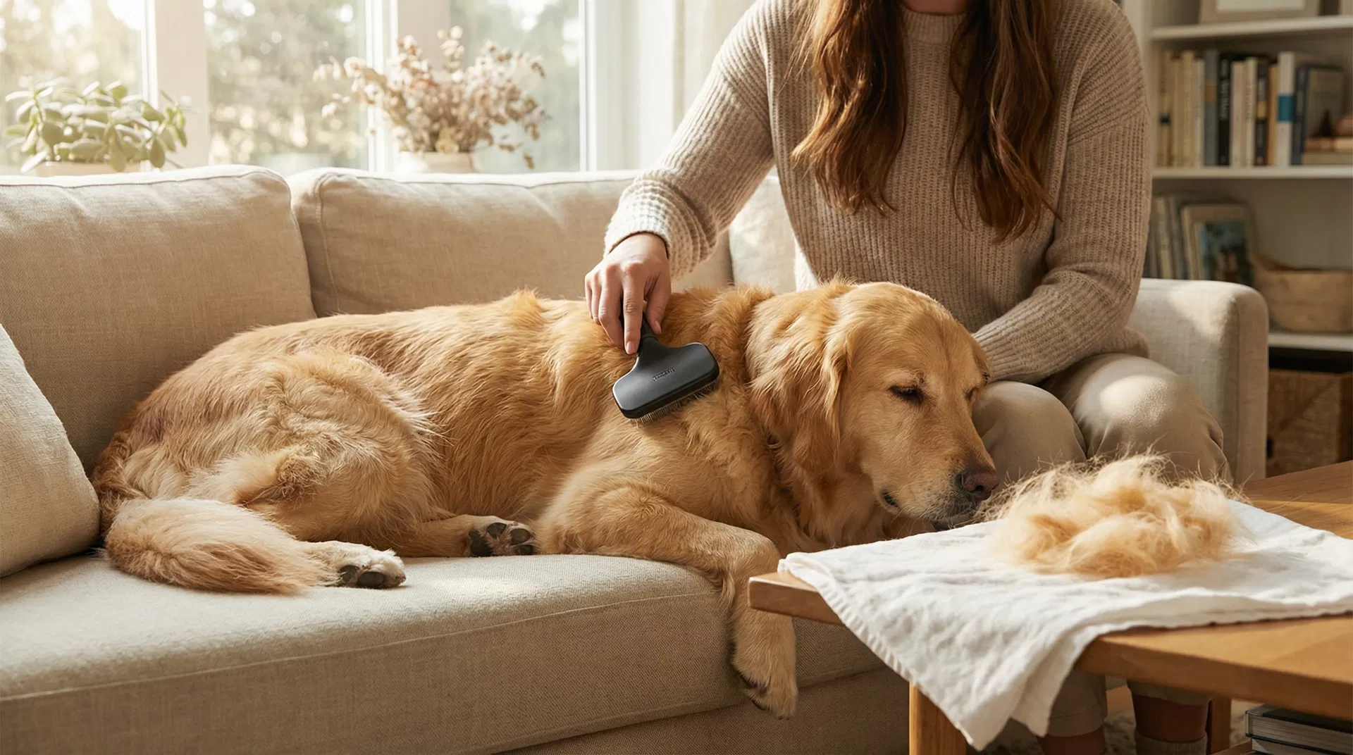 Person gently brushing a golden retriever with GroomPro
