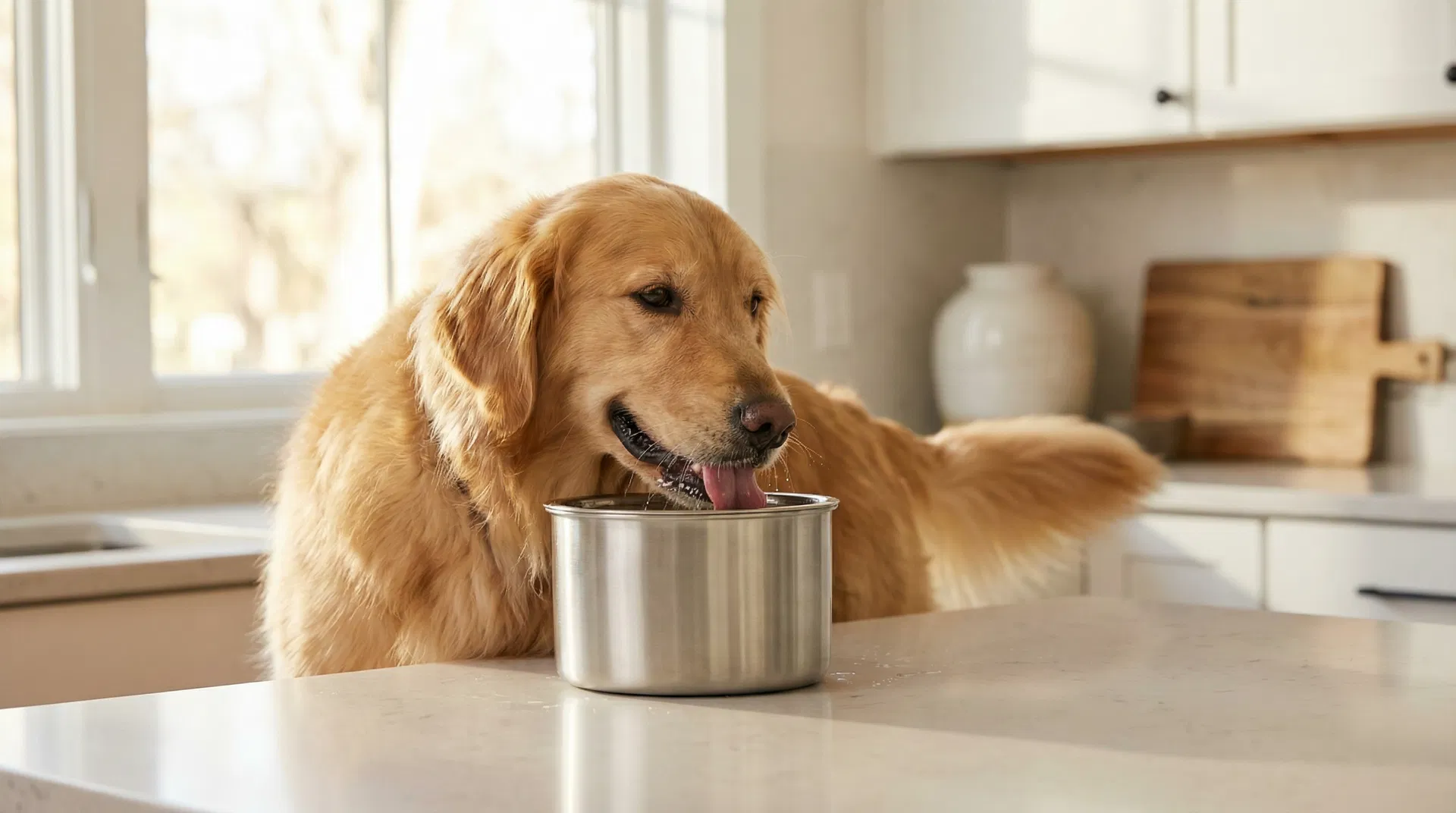 Happy dog drinking from a pet water fountain in a bright modern kitchen