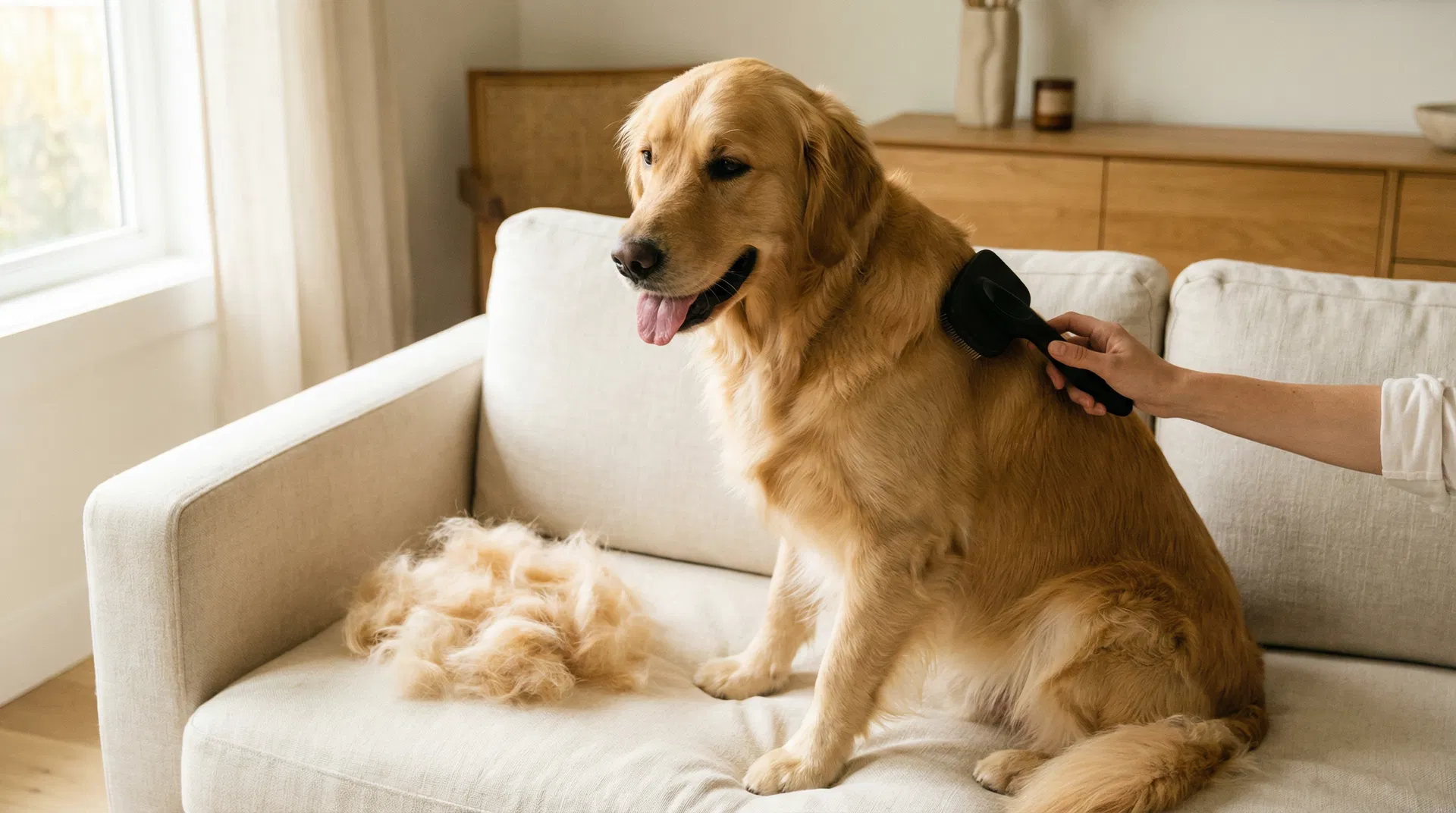 Golden retriever being groomed with GroomPro