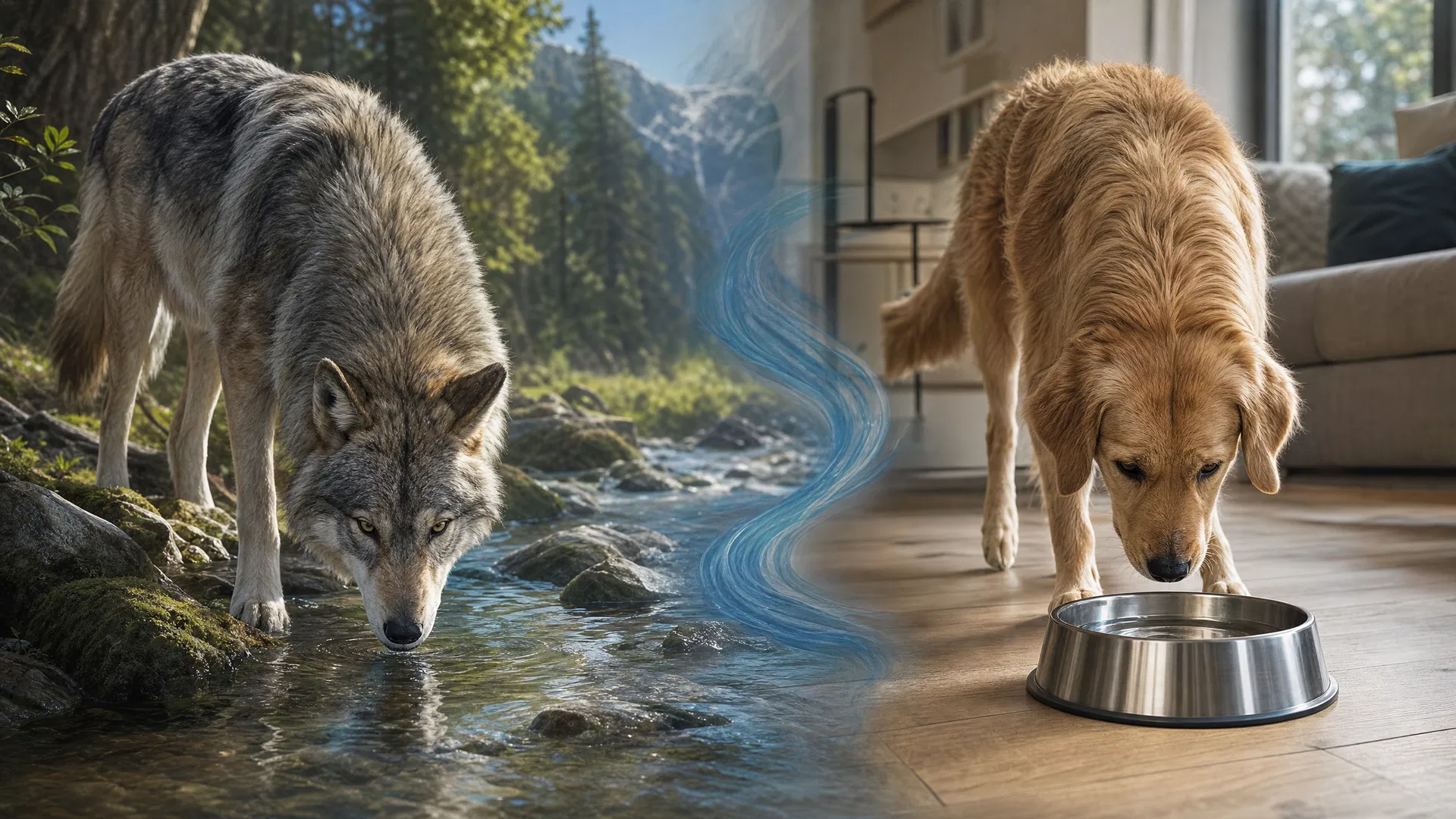 Wolf stream instinct compared with domestic dog bowl