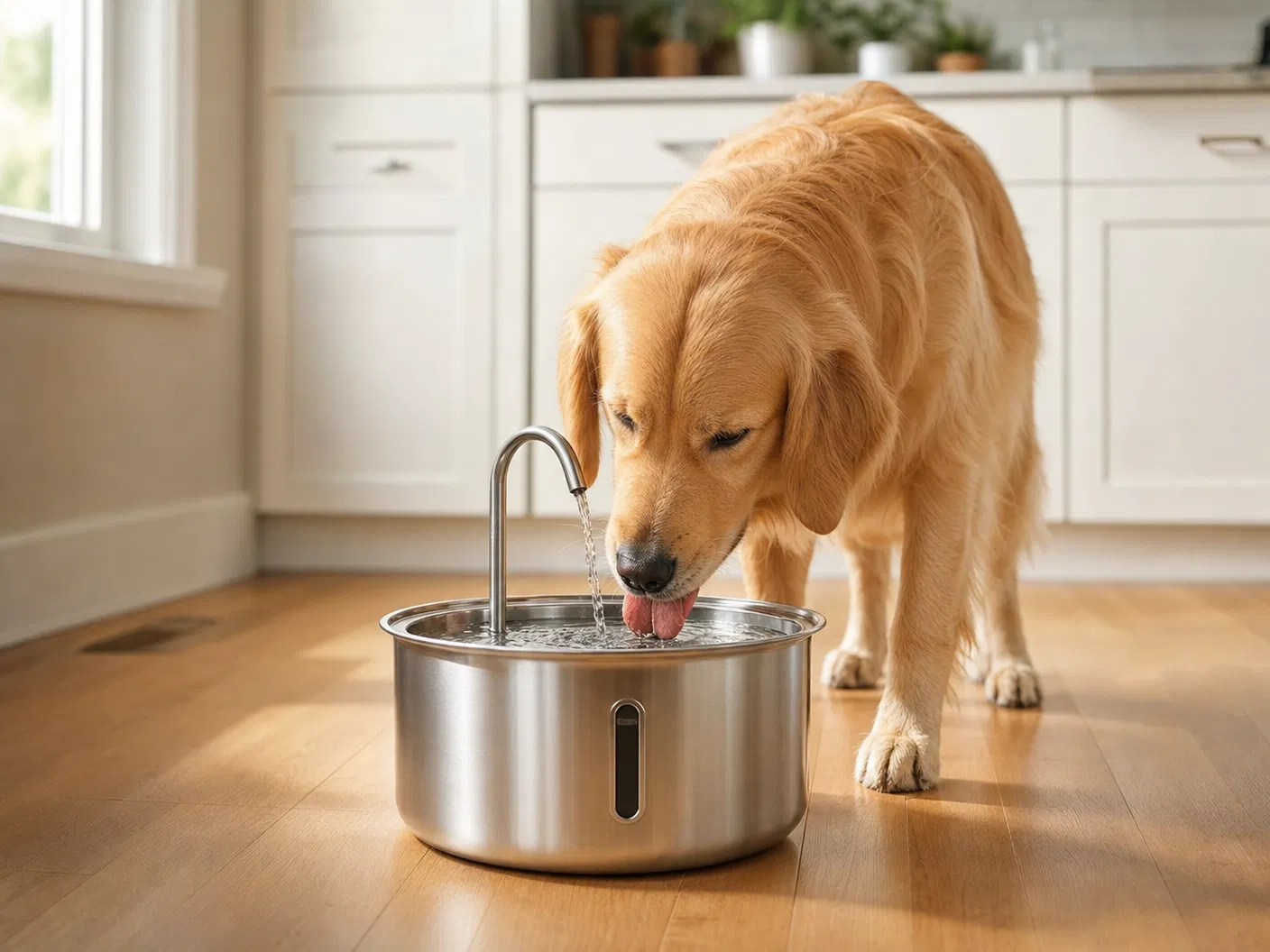 FreshFlow fountain with dog drinking