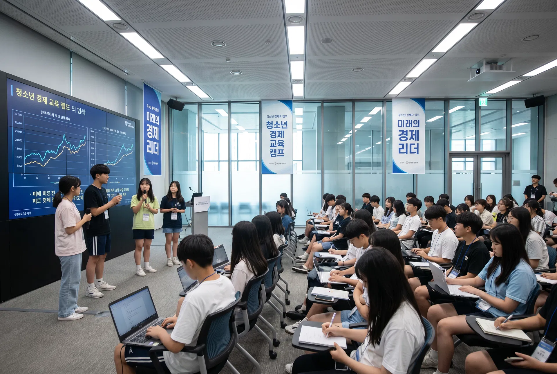 캠프 발표 시간 - 학생들이 투자 전략을 발표하고 있습니다