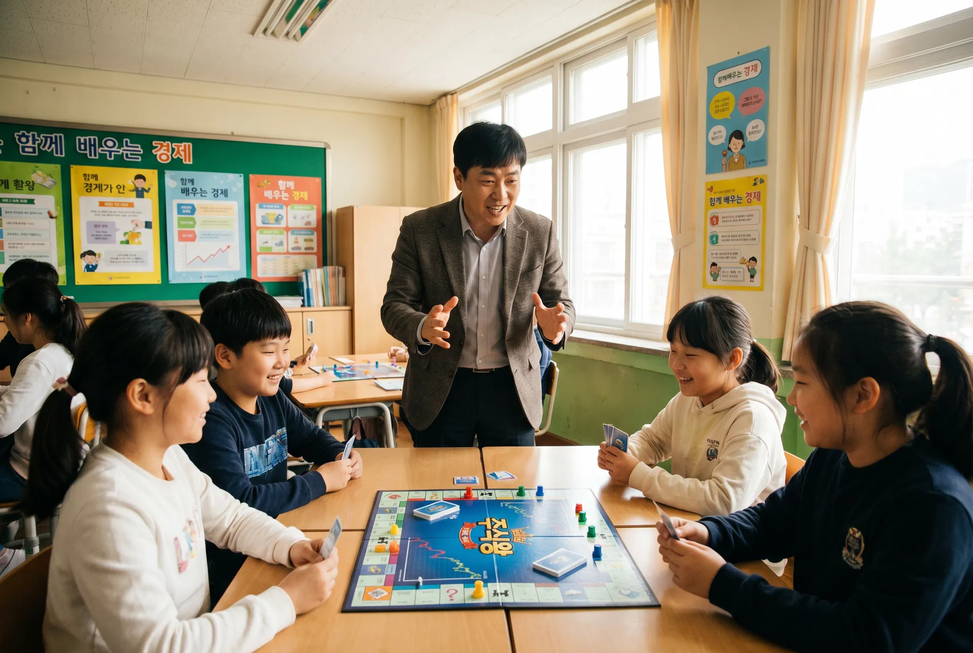 초등학생들이 보드게임으로 경제를 배우고 있습니다