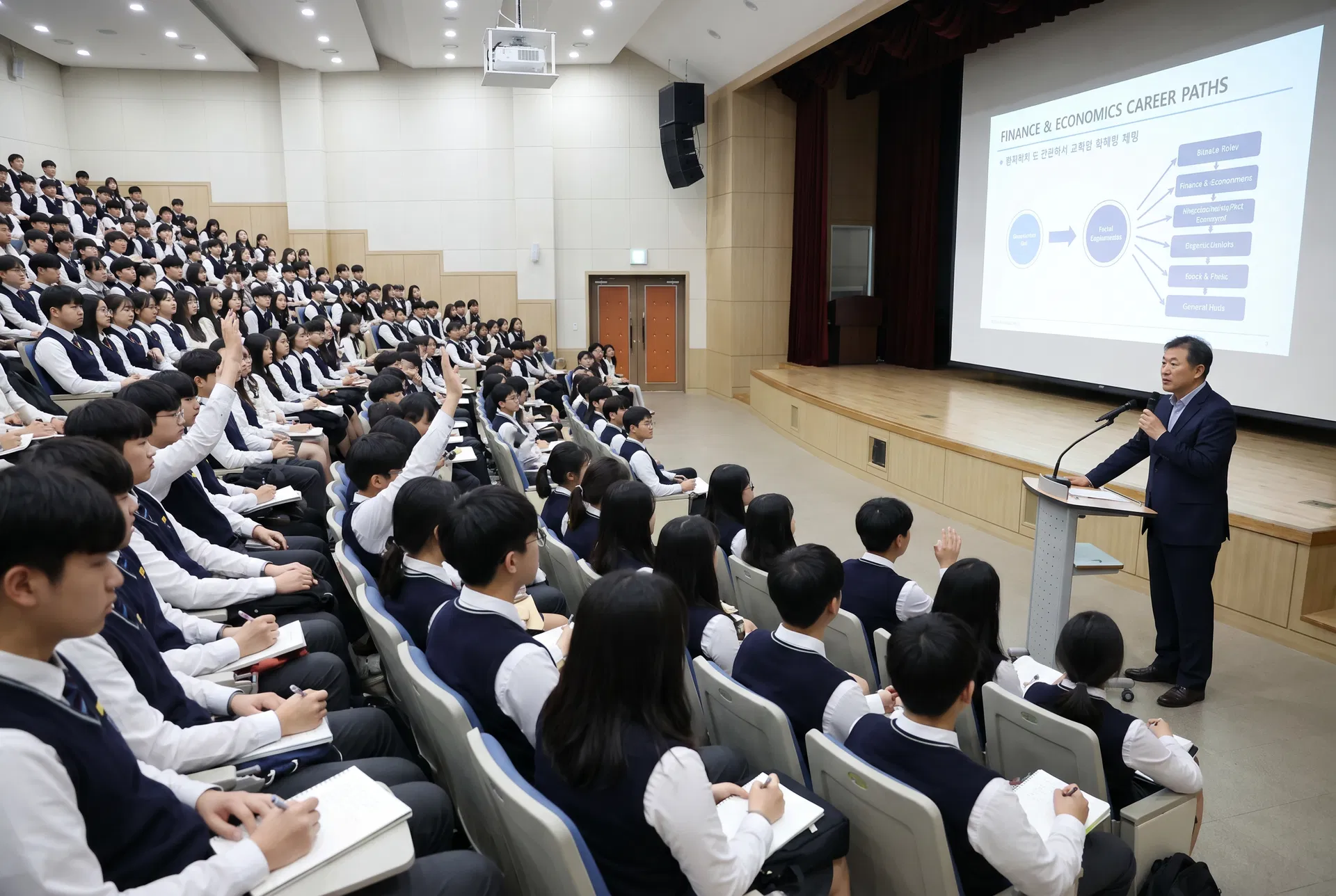 고등학교 강당에서 진로 특강 진행 중