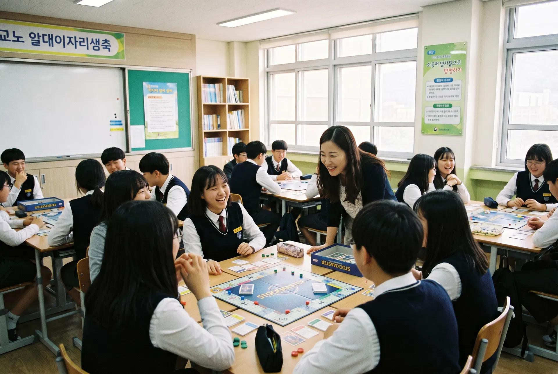 중학생들이 주식왕 보드게임에 몰입하고 있습니다