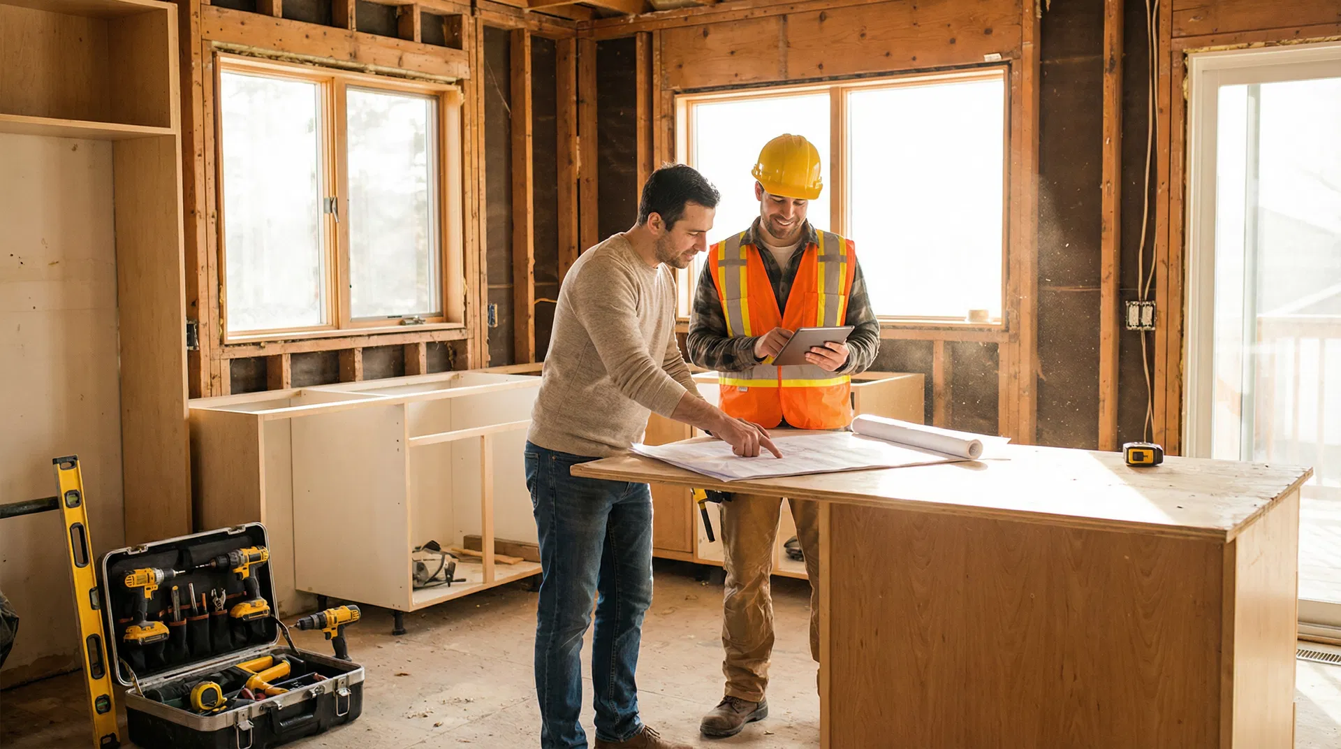 Homeowner and contractor reviewing renovation blueprints