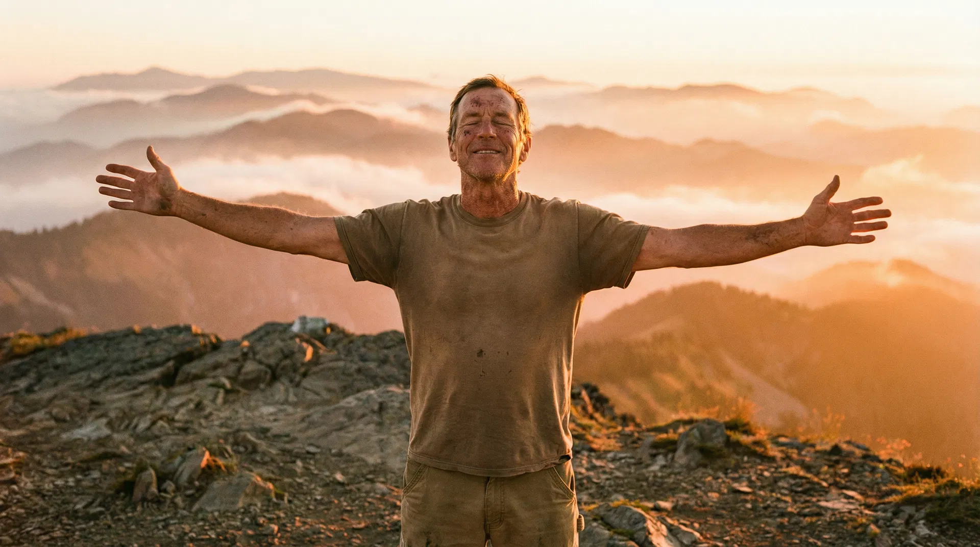 Man embracing sunrise on a mountain summit