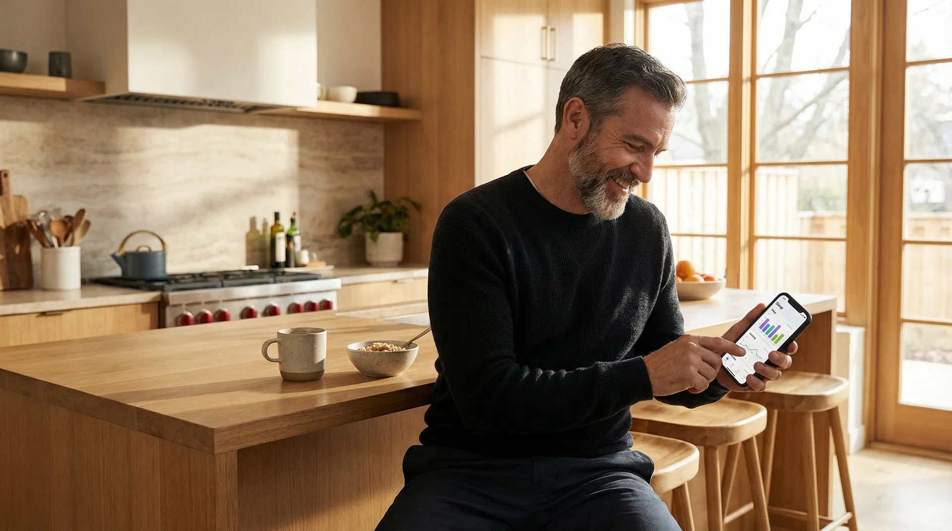 Man reviewing health results on his phone at home