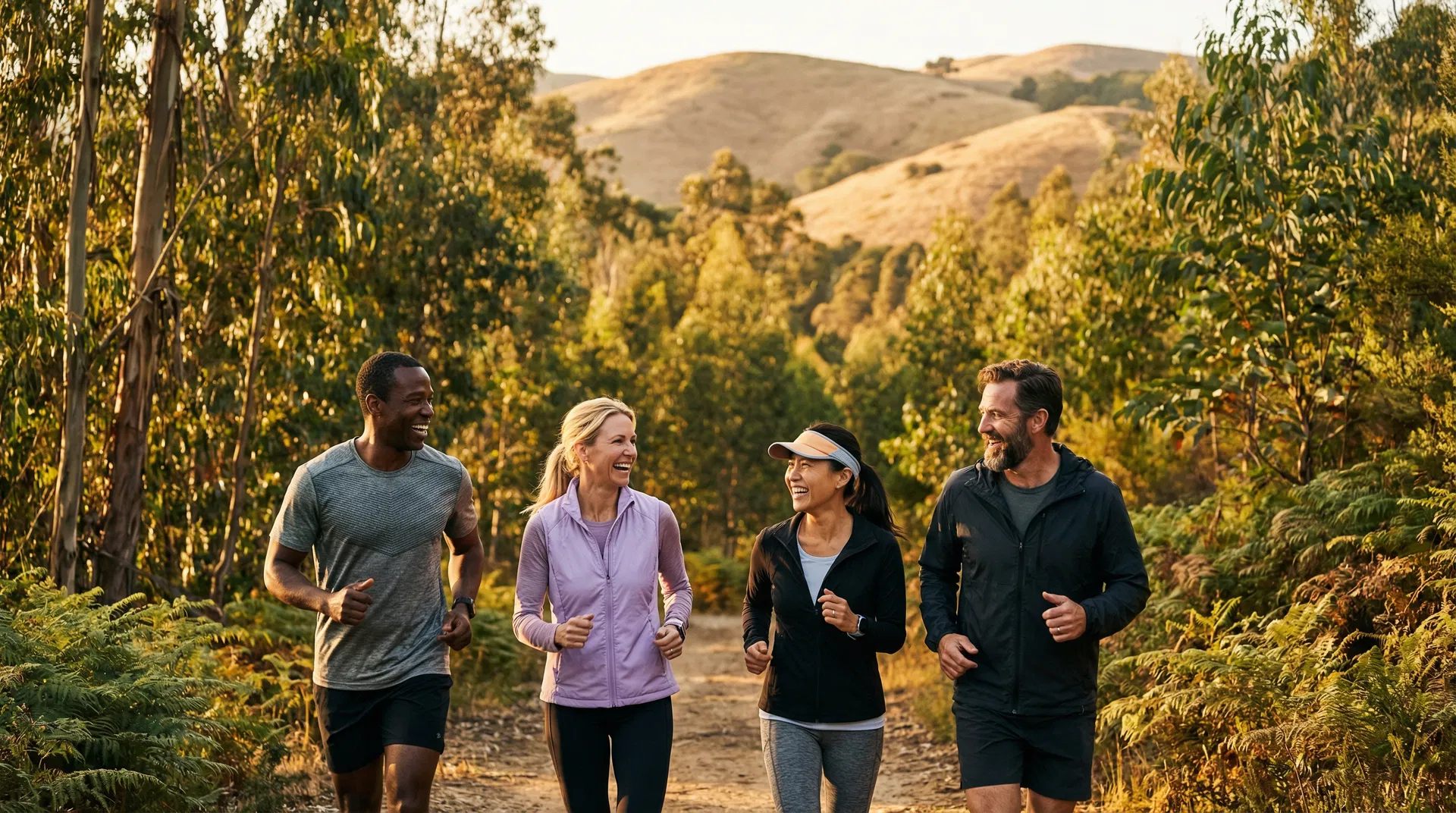 Diverse group of friends jogging on a scenic trail at golden hour