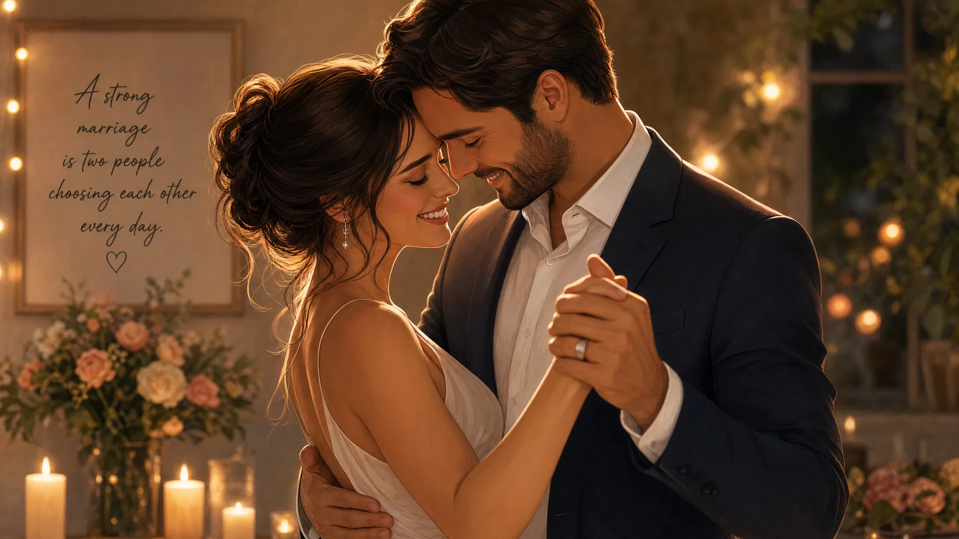 Married couple dancing together in romantic setting