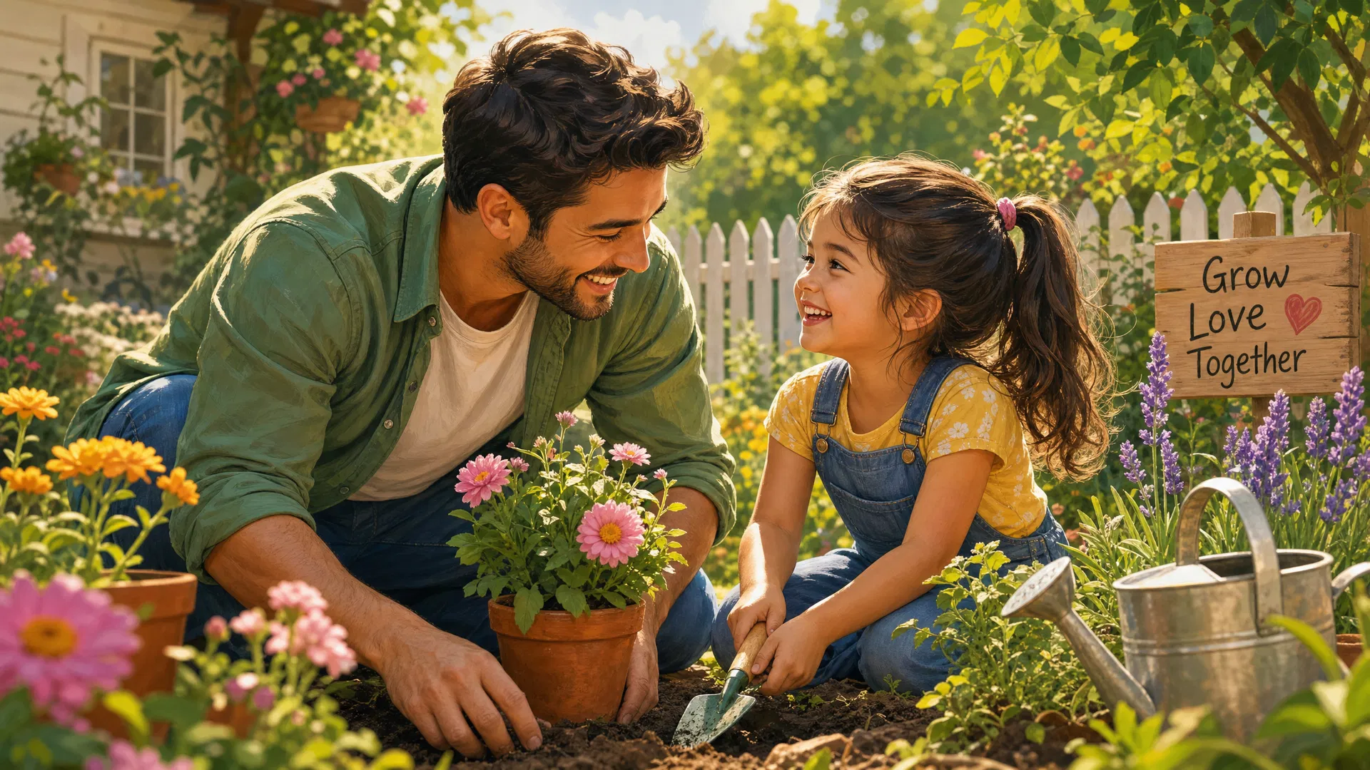Parent and child playing together in sunny garden