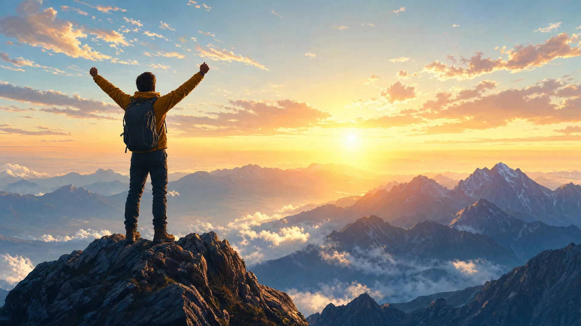 Person standing on mountain peak with arms raised in triumph