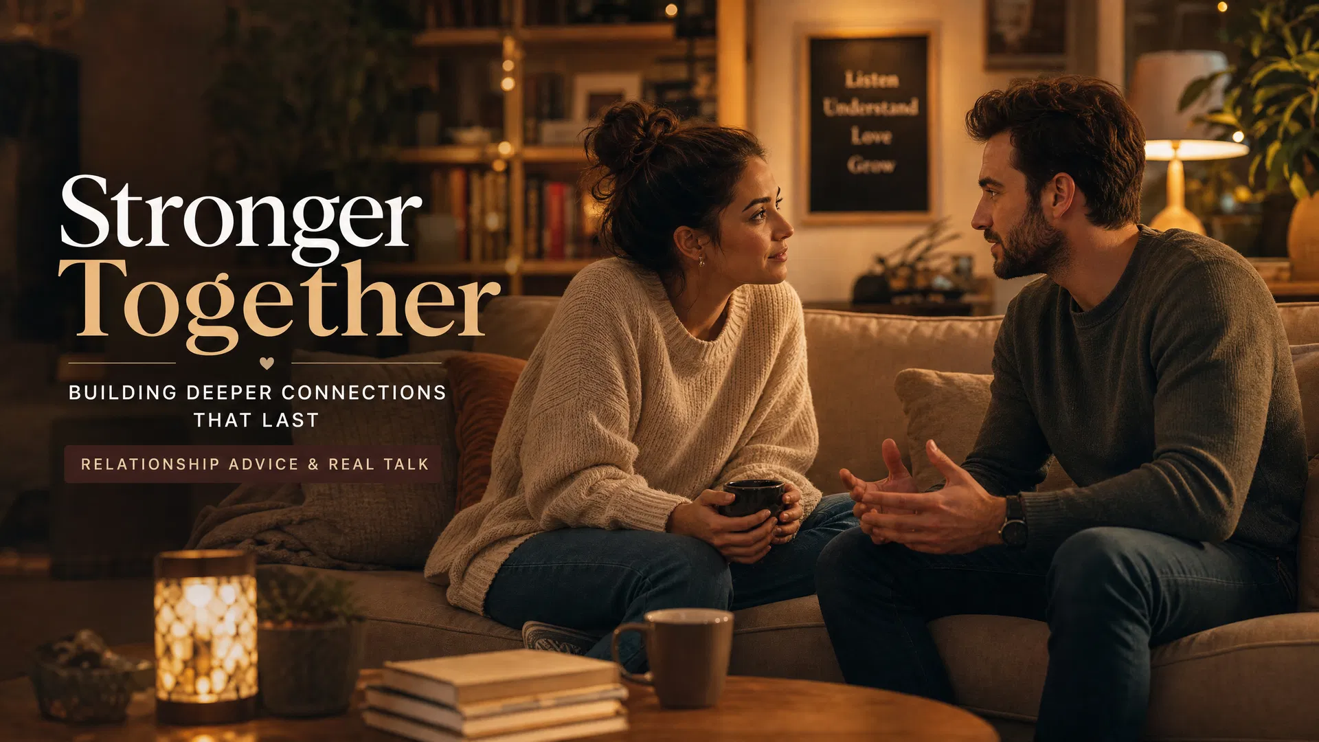 Couple having meaningful conversation in cozy living room