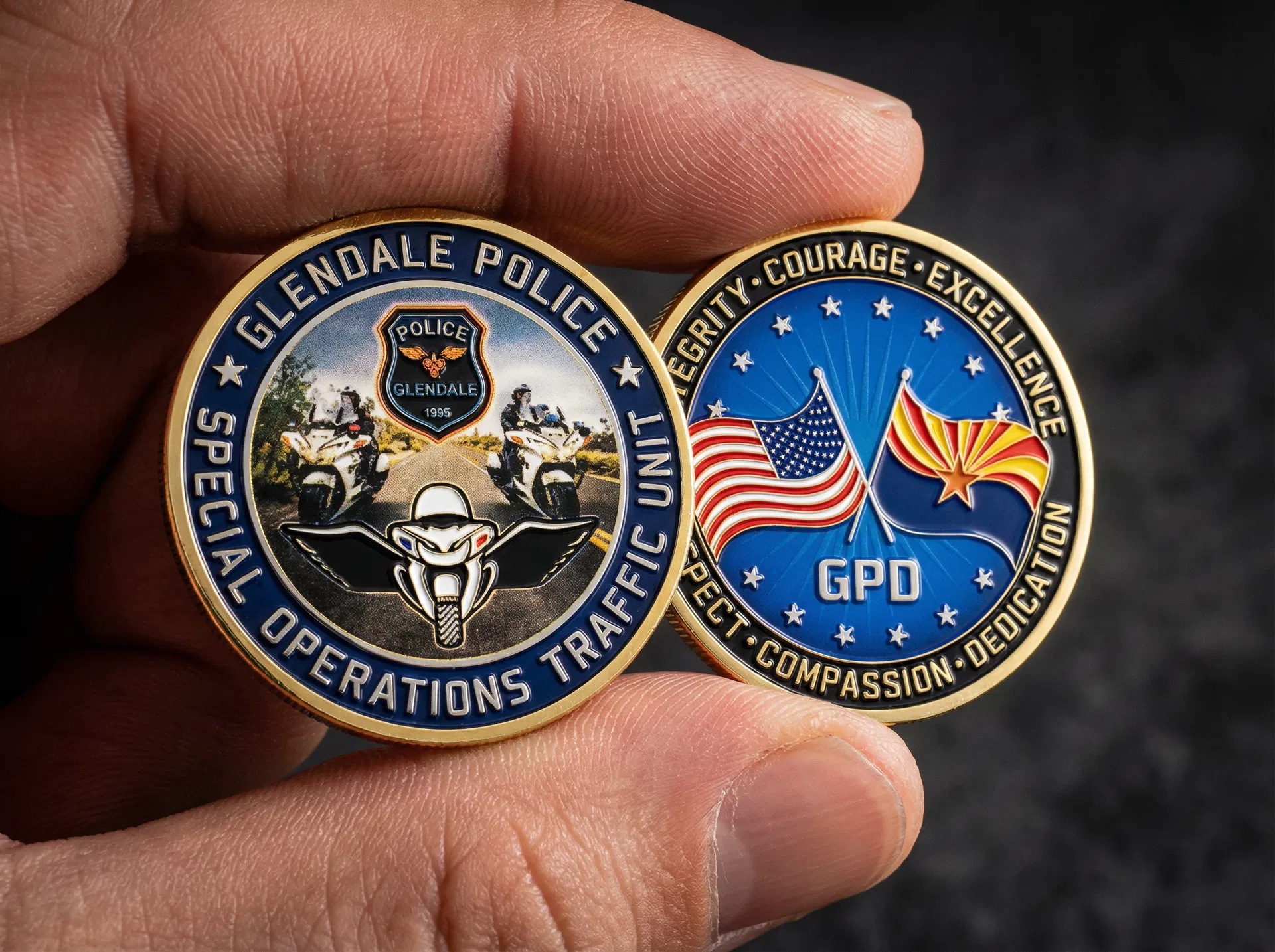 Custom challenge coin showing intricate detail