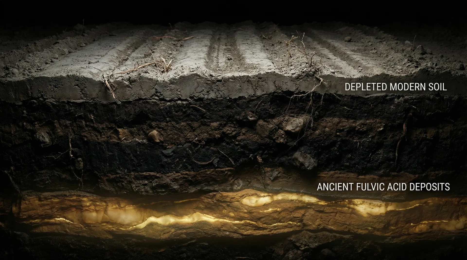 Cross-section of depleted modern soil above ancient fulvic acid deposits