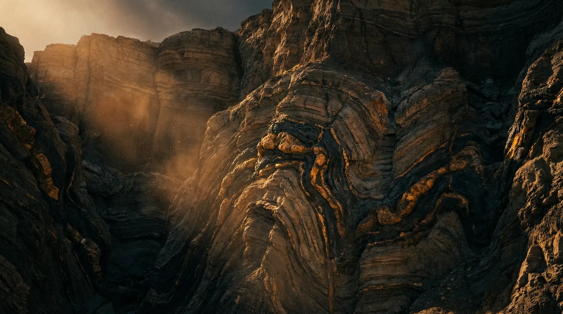 Ancient Wyoming rock formations with amber mineral veins