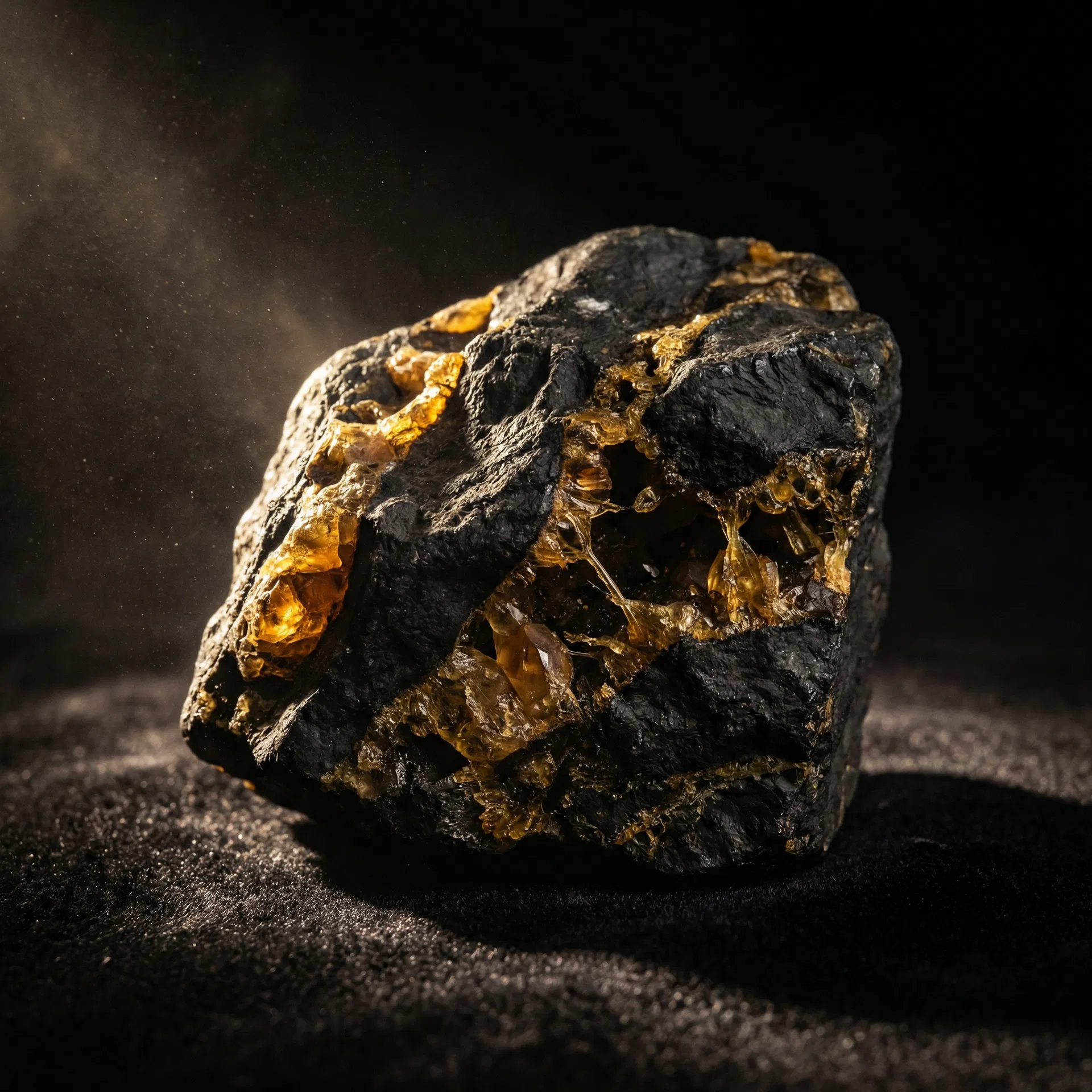 Dark mineral specimen with golden fulvic acid veins