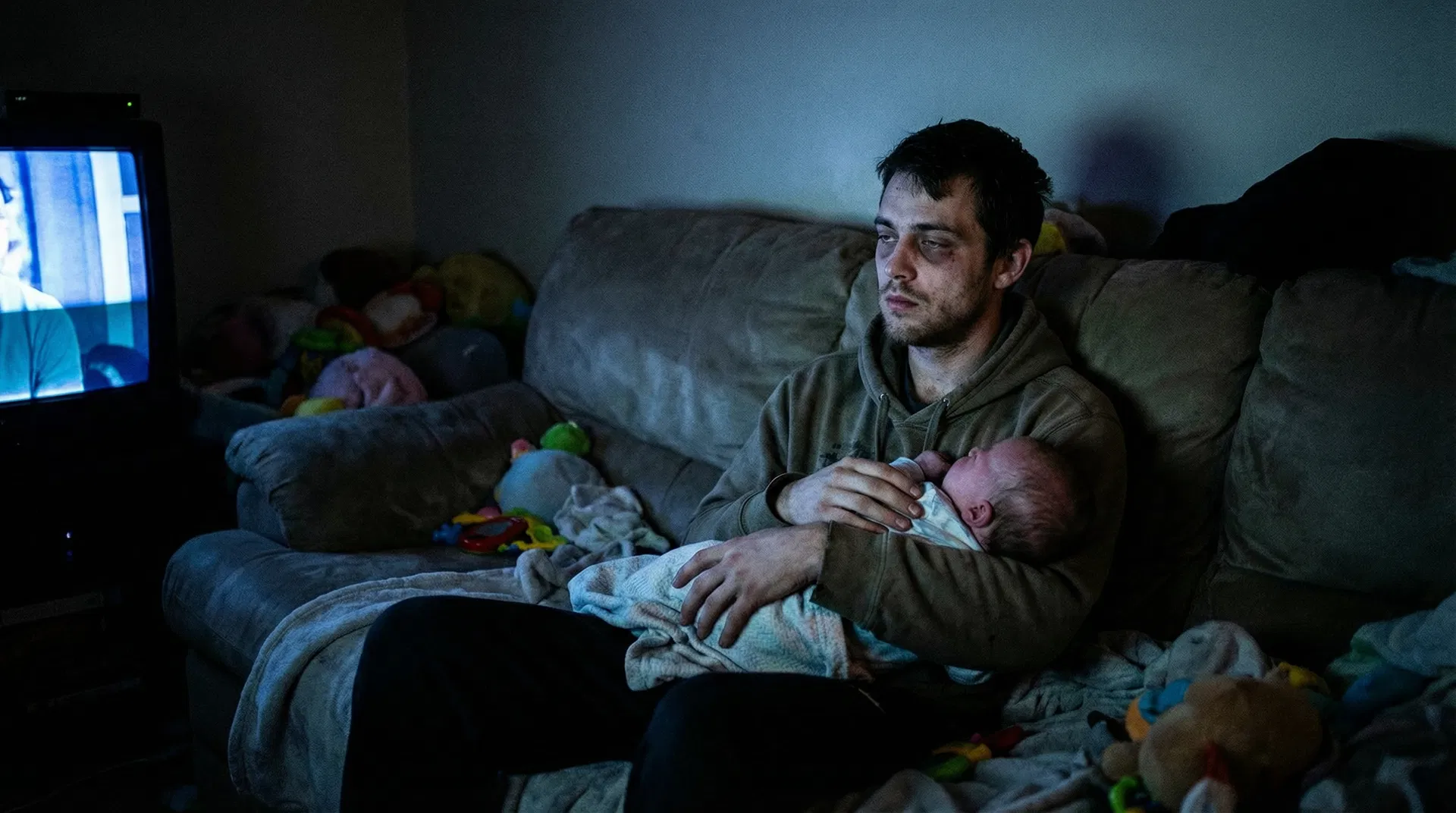 Exhausted father holding baby