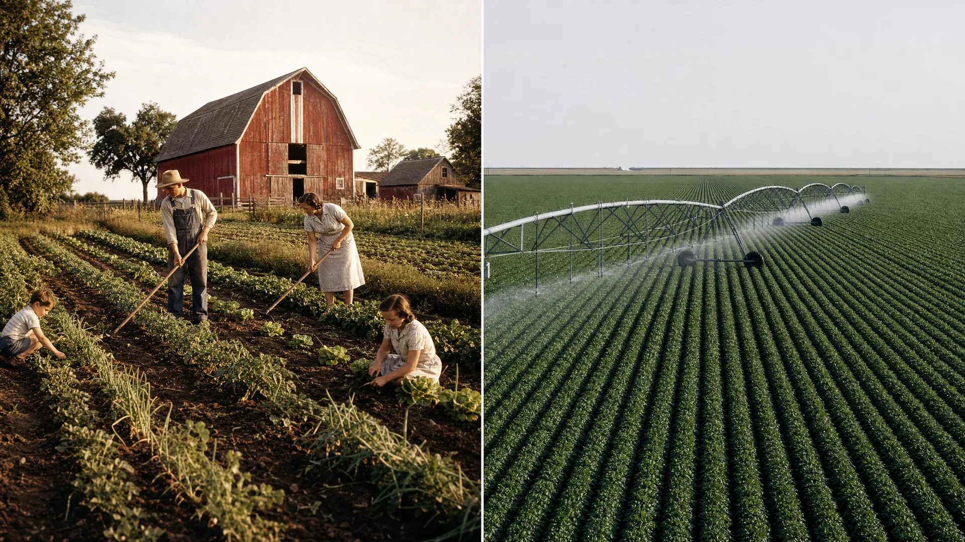 Comparison of 1950s American farmland and modern industrial agriculture